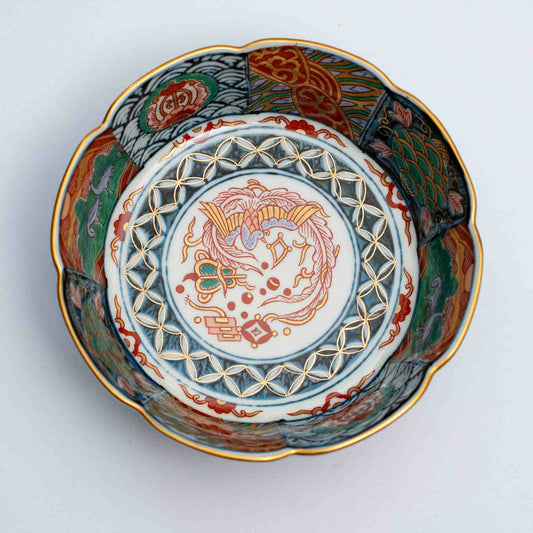 Rinkurou Kiln Imari Style Dyed Nishiki and Arabesque Bowl